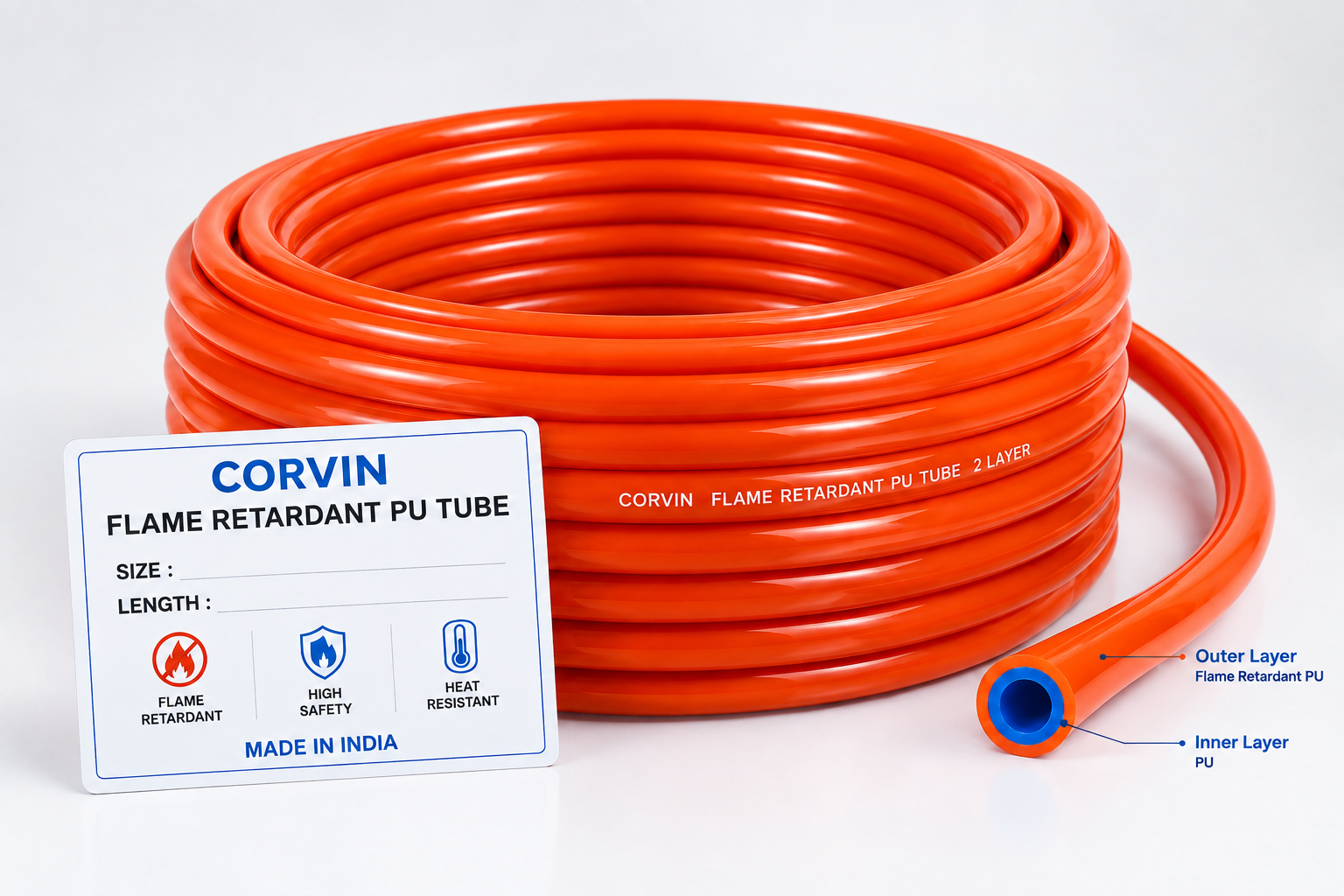 Flame Retardant PU Tubes manufactured by Corvin Polytech for industrial pneumatic systems